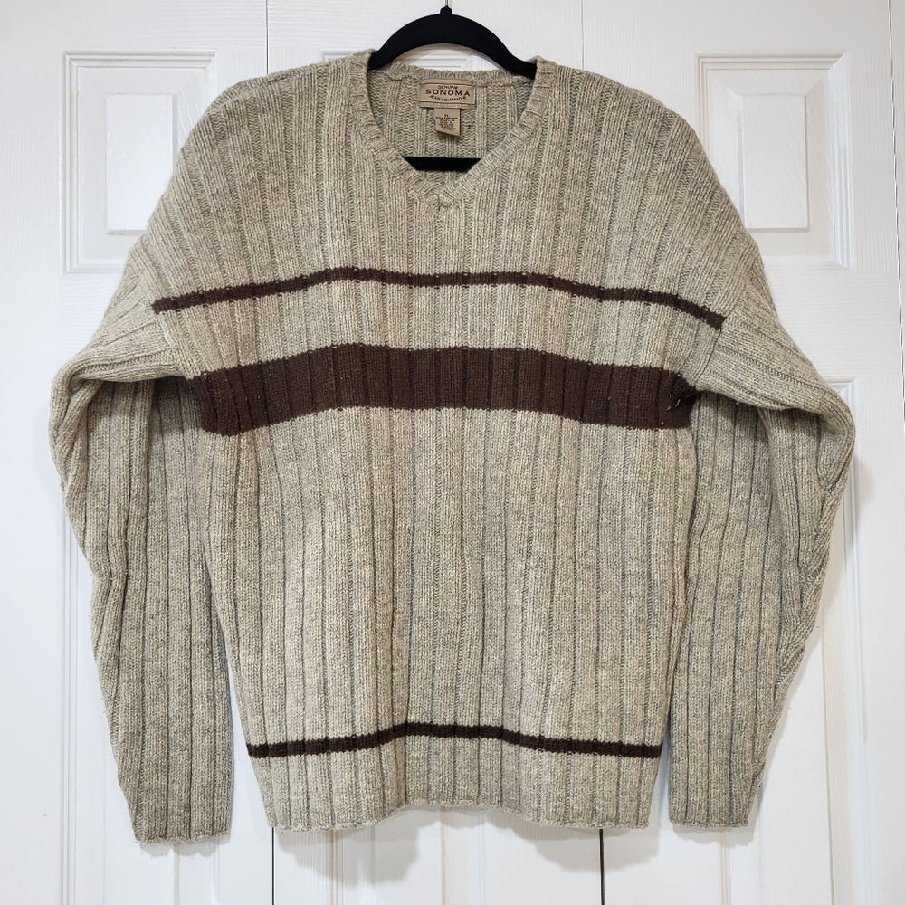 Sonoma Men's XL Lambswool Beige Brown Sweater Vintage Cozy Capsule Minimalist